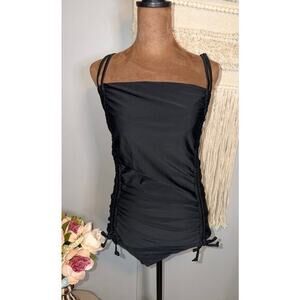 NWT CYN & LUCA Black Ruched One Piece Swimsuit 1X Medium Coverage Adjustable